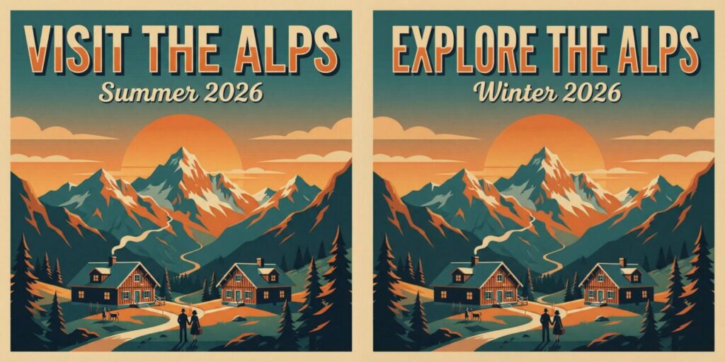 Boogu Editでポスターの文字を『EXPLORE THE ALPS』に変えた編集前後の比較