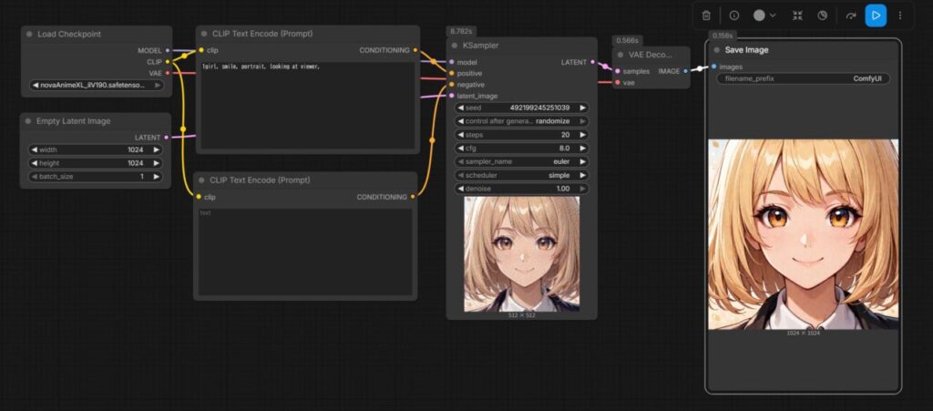 Nova Anime XLで画像生成するノード構成の例