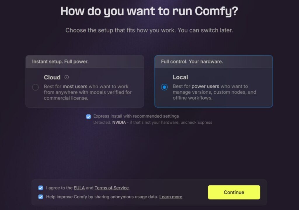 Local/Cloud選択とExpress Installの設定画面