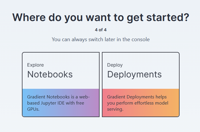 paperspaceでNotebooksとDeploymentsを選ぶ画面