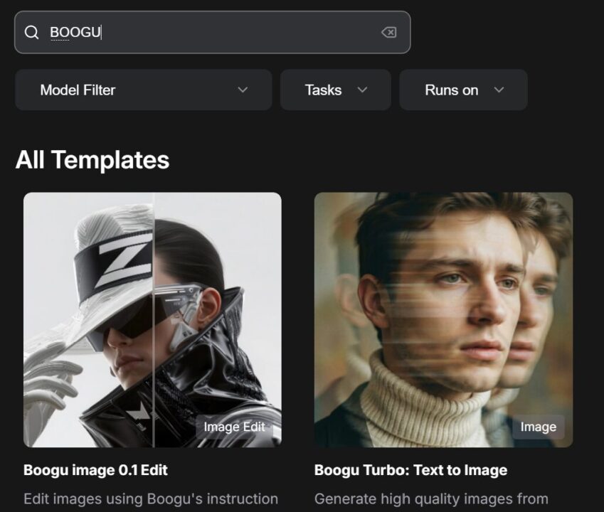ComfyUIのテンプレート一覧でBooguのワークフローを選ぶ画面