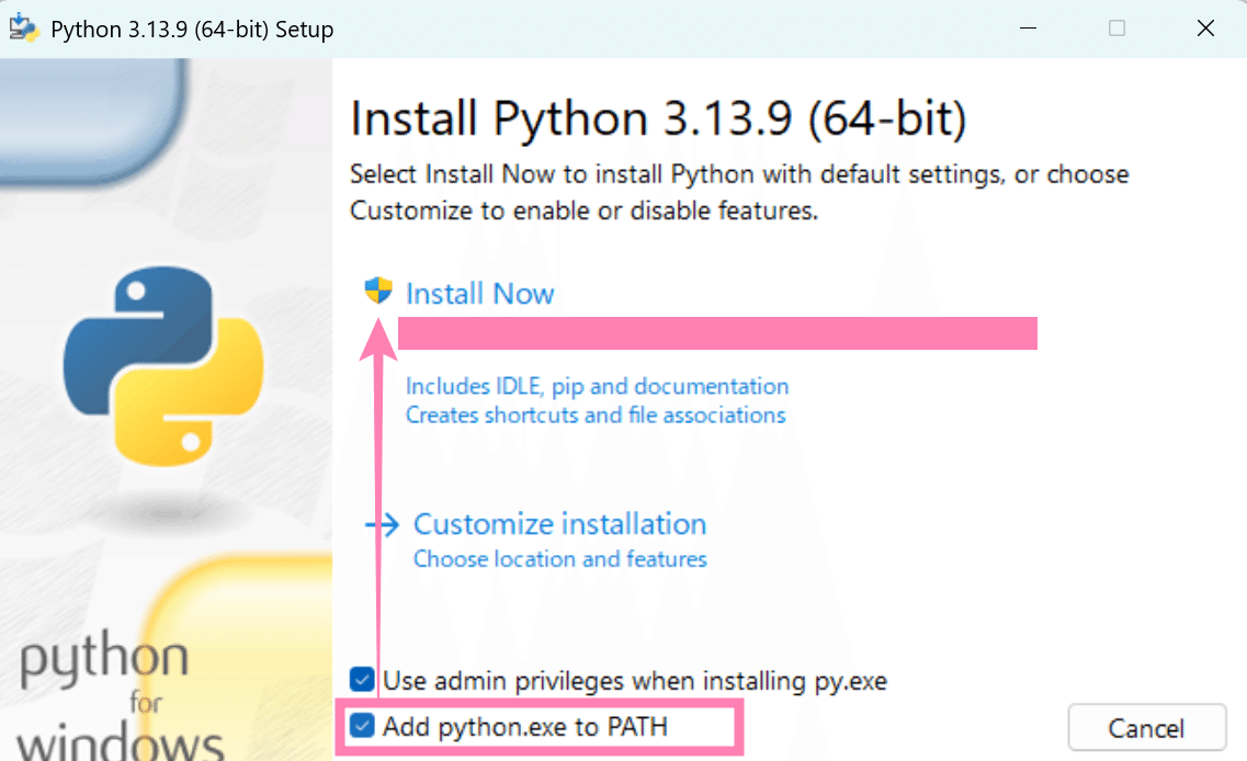 Pythonインストーラーで Add Python to PATH にチェックを入れる