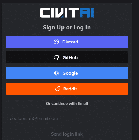CivitaiのSign Up or Log In画面(SNSまたはメールで登録)
