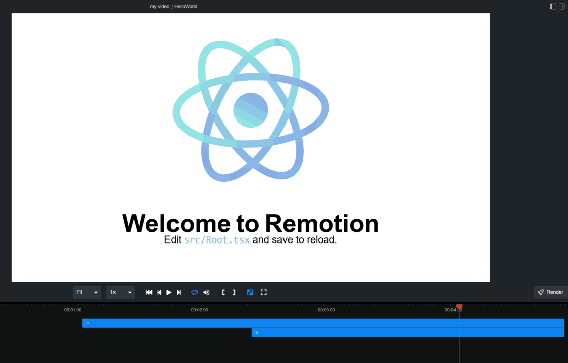 Remotion Studioで再生したHello Worldのサンプル動画