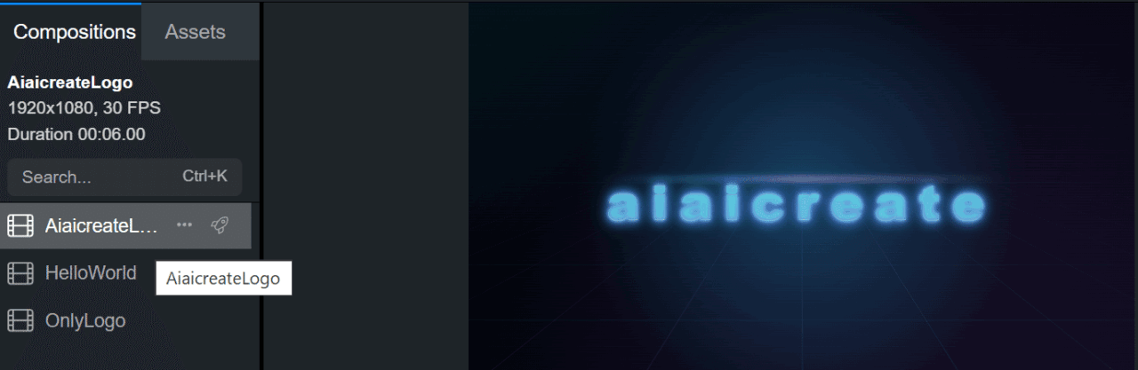 Remotion StudioのCompositionsに追加されたAiaicreateLogoのプレビュー