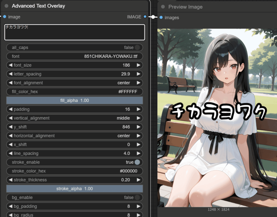 追加フォントを指定し、女性の画像に「チカラヨワク」と表示した設定例