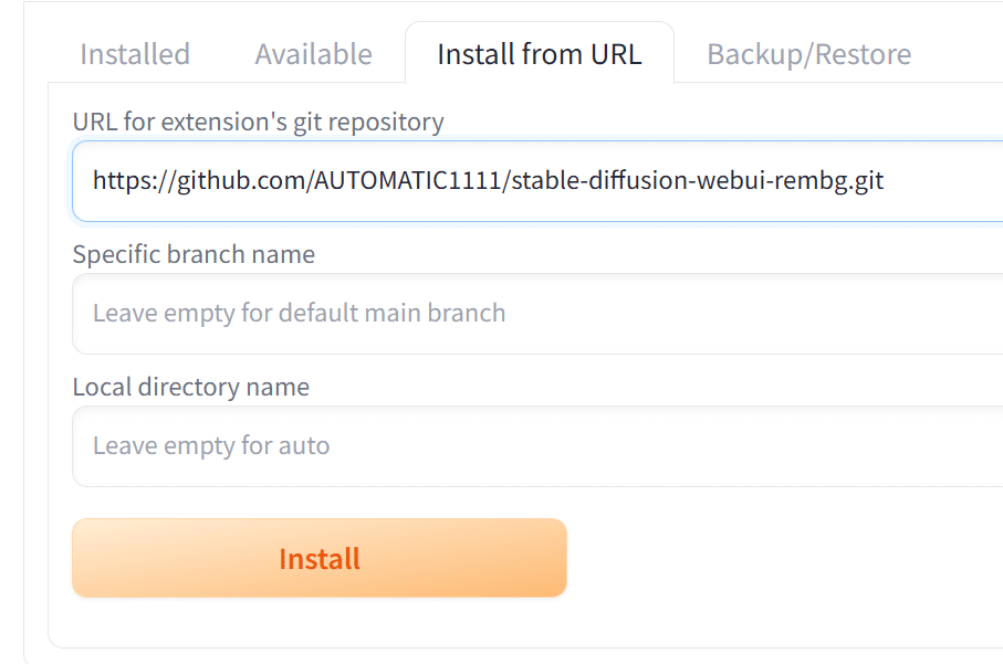 WebUIのInstall from URLにRembg拡張機能のGitHub URLを入力した画面