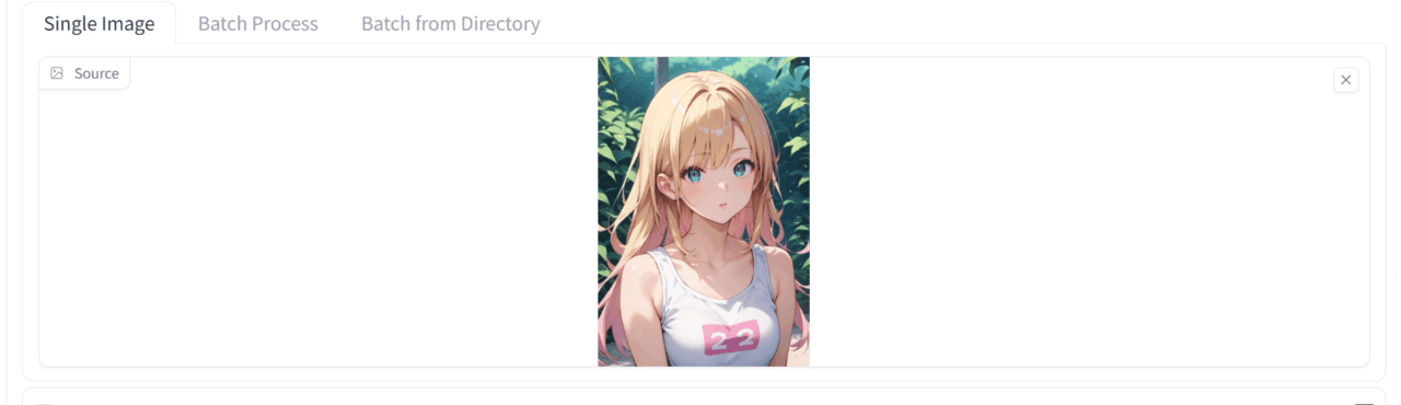 Rembgで背景を除去する女性イラストをExtrasタブに読み込んだ画面