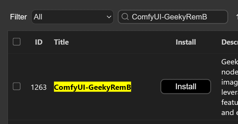 ComfyUI-ManagerでComfyUI-GeekyRemBを検索したインストール画面