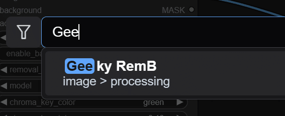 ComfyUIのノード検索でGeeky RemBを表示した画面