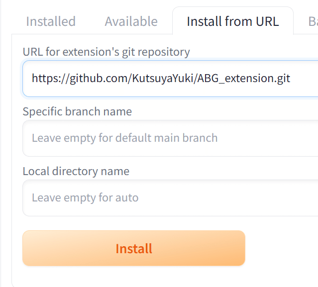 WebUIのInstall from URLにABG RemoverのGitHub URLを入力した画面