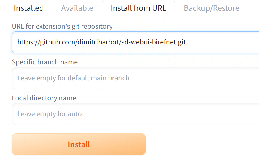 WebUIのInstall from URLにsd-webui-birefnetのGitHub URLを入力した画面