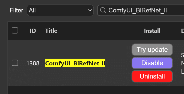 ComfyUI-ManagerでComfyUI_BiRefNet_llのインストール状態を確認した画面