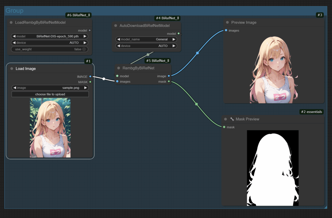 ComfyUI_BiRefNet_llで背景除去画像と白黒マスクを出力したワークフロー