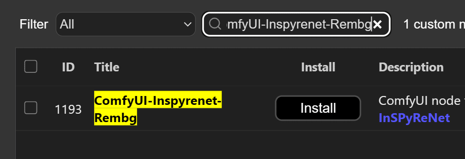 ComfyUI-ManagerでComfyUI-Inspyrenet-Rembgを検索したインストール画面