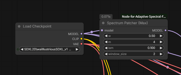Load Checkpointの後にSpectrum Patcher (Max)を接続した画面