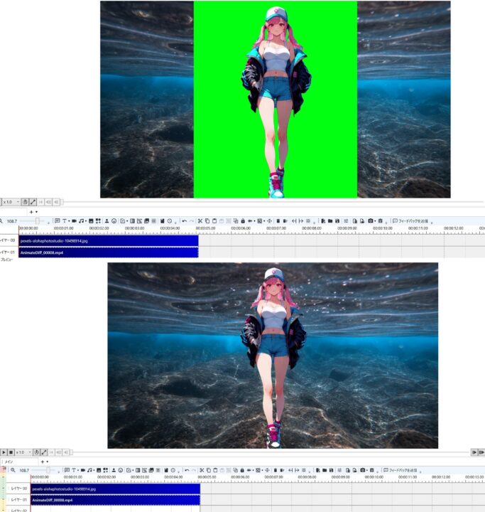 YMM4のクロマキーでグリーンバックを透過した例