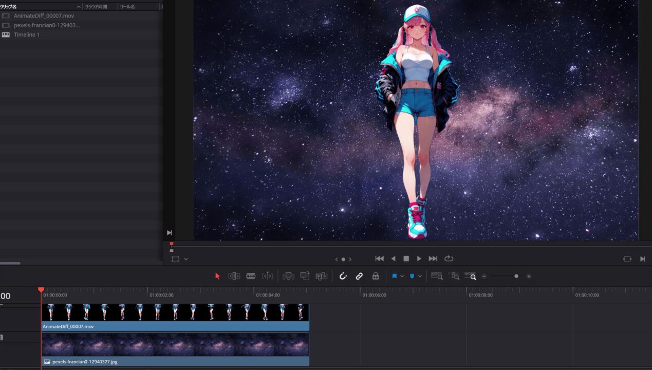 DaVinci Resolveで透過した動画素材を合成した例