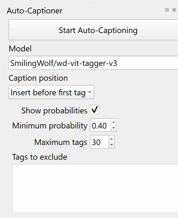 Auto-Captionerでモデルとパラメータを設定する画面