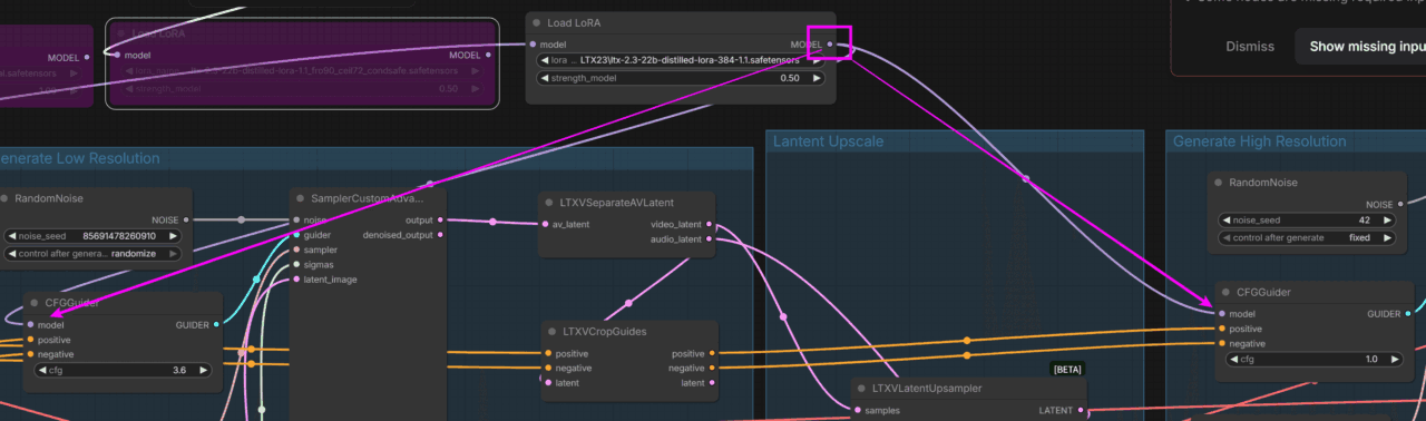 Load LoRAをGenerate Low/High ResolutionのCFGGuiderに接続した全体の画面