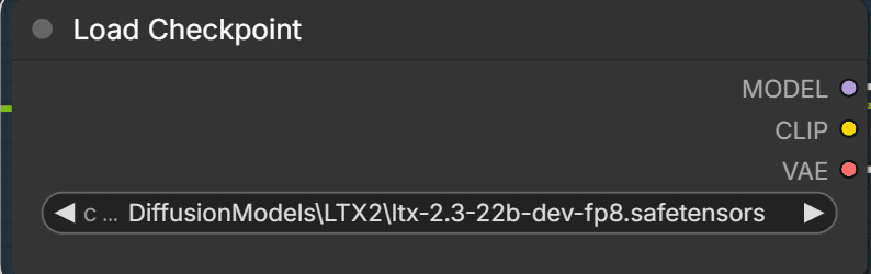 通常のLTX2.3モデル(ltx-2.3-22b-dev-fp8)を読み込むLoad Checkpointの画面