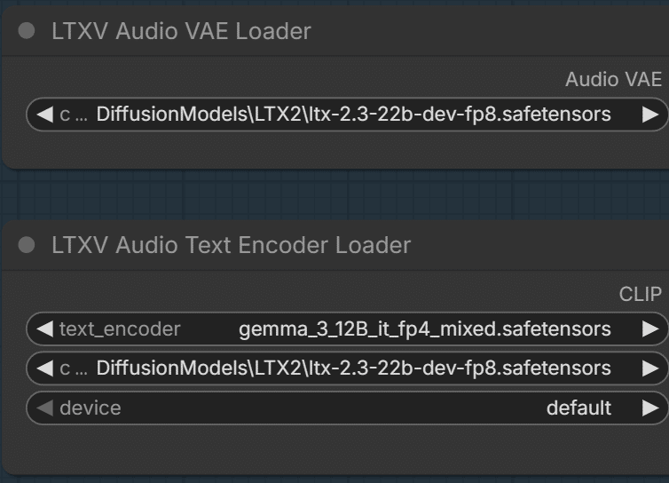LTXV Audio VAE Loaderとテキストエンコーダーを通常LTX2.3モデルに合わせた画面
