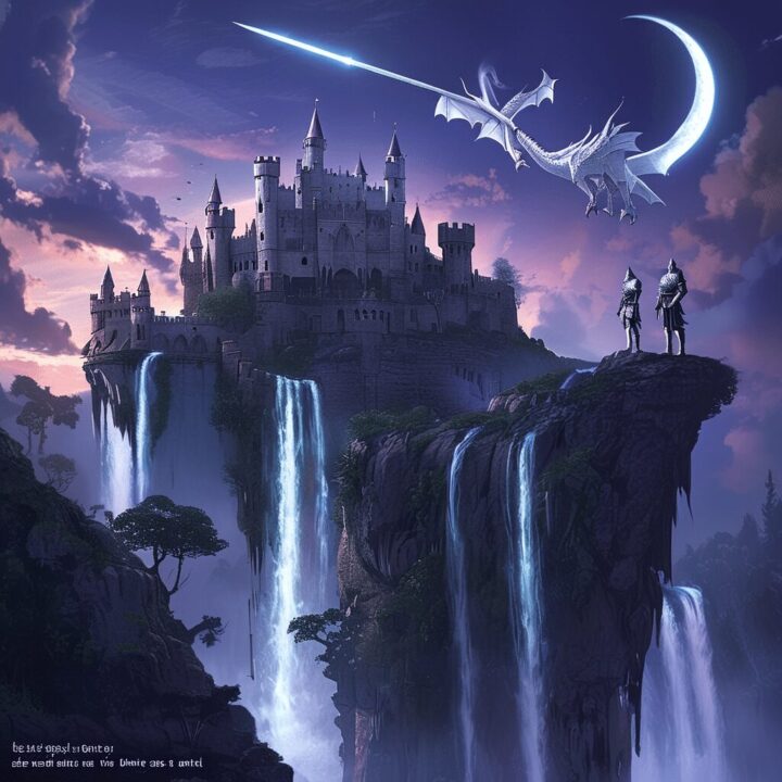 AuraFlowのファンタジー作例：滝が流れる浮島の城と白いドラゴン