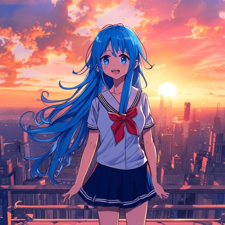 AuraFlowのアニメ作例：夕焼けの屋上に立つ青髪の少女
