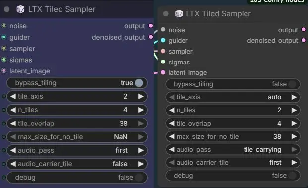 LTX Tiled Samplerノードの新旧の値を比較した画面