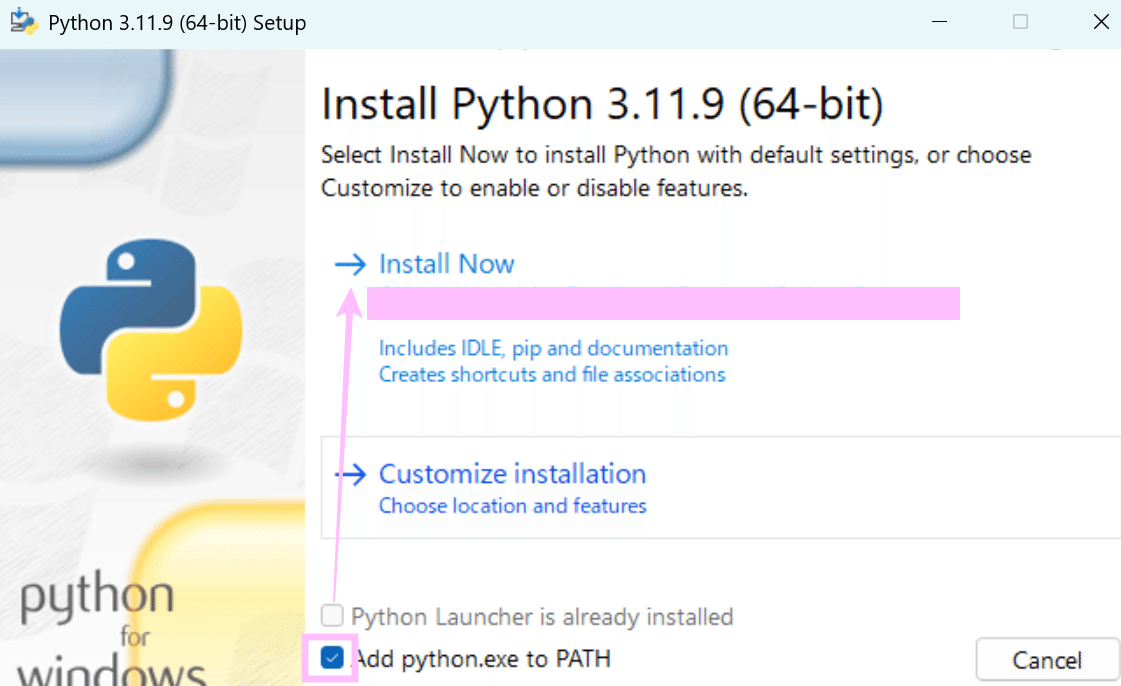 PythonインストーラーでAdd python.exe to PATHにチェックを入れる画面