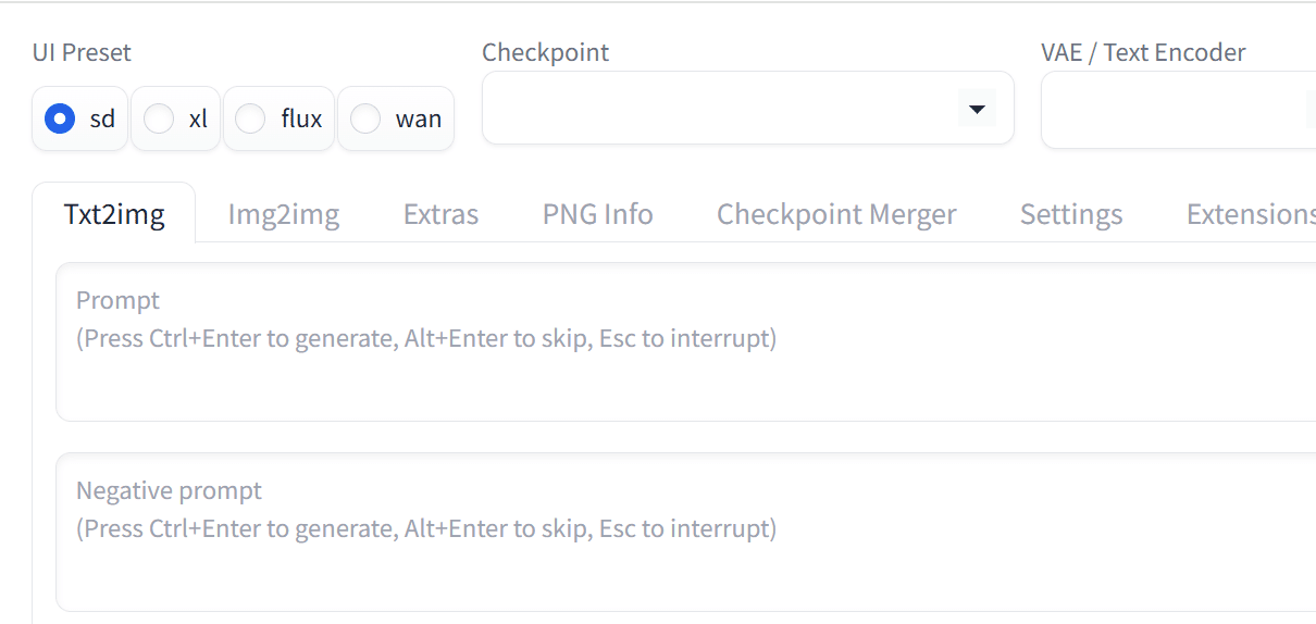 セットアップ完了後に自動で開いたForge NeoのWebUI画面