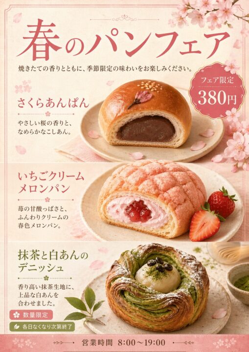 日本語の見出しや商品説明を入れて生成した春のパンフェアのポスター