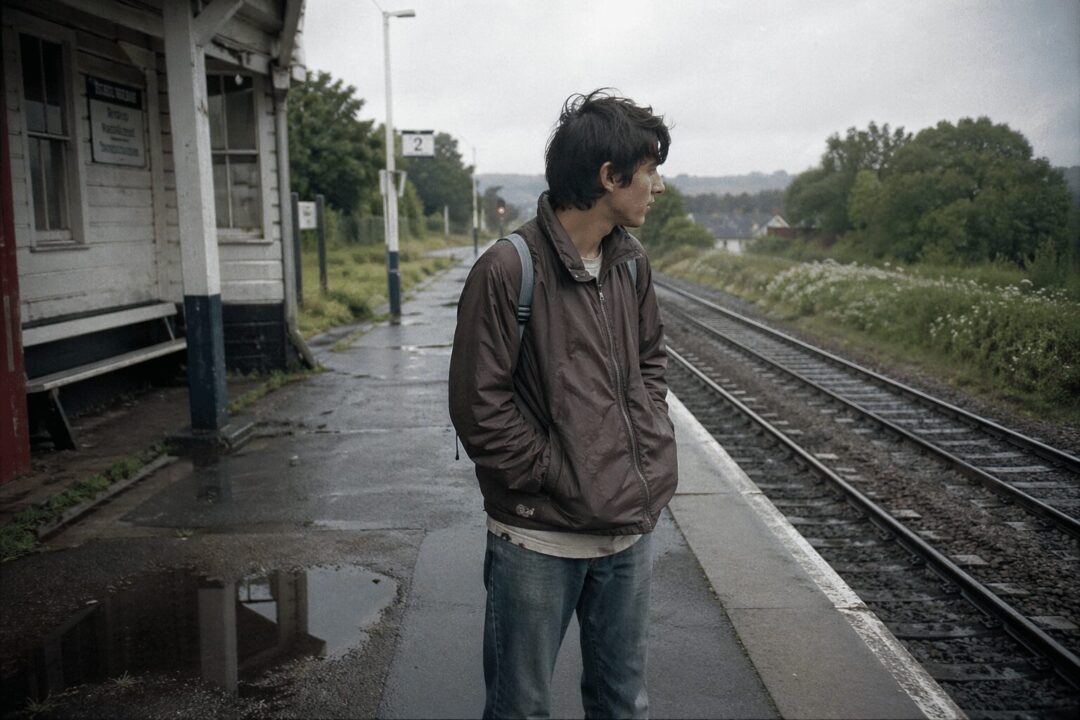 雨上がりの地方駅で電車を待つ男性を描いた35mmフィルム風の画像