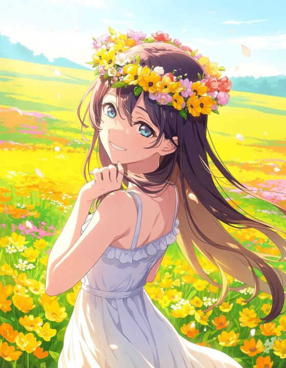 ChatGPTのプロンプトで生成した花畑の女性のAnima画像
