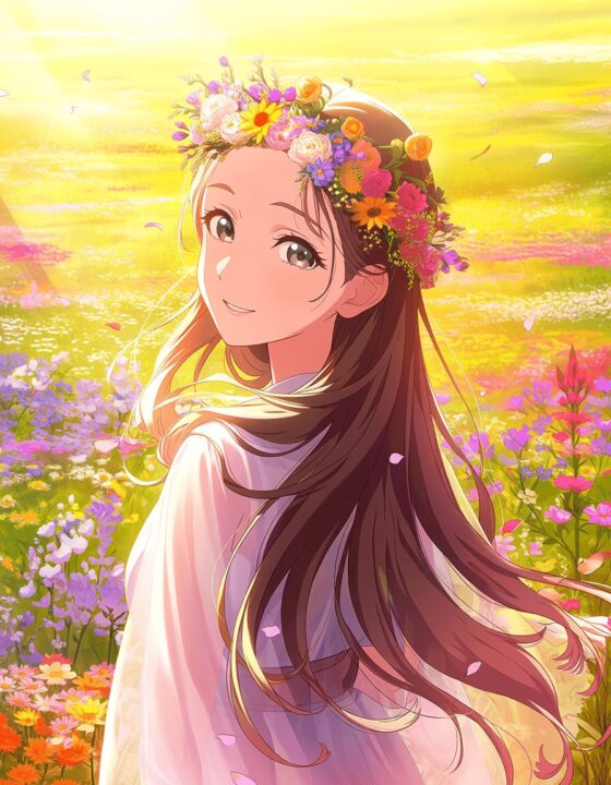 Grokのプロンプトで生成した花畑の女性のAnima画像