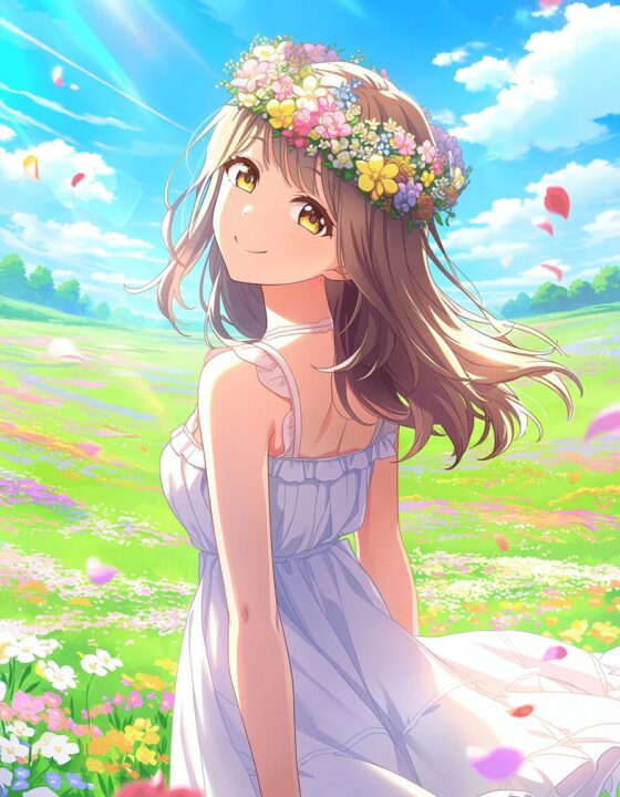 Geminiのプロンプトで生成した花畑の女性のAnima画像