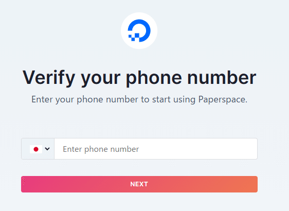 paperspaceの電話番号入力画面（Japanを選択して入力）