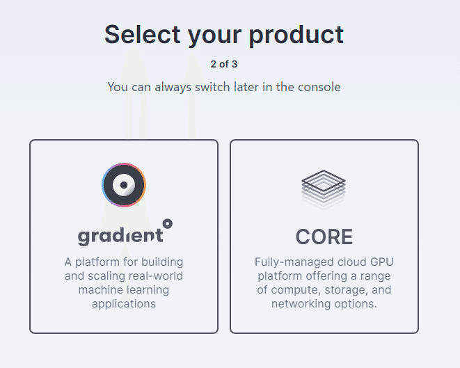paperspaceで使用する製品にgradientを選ぶ画面