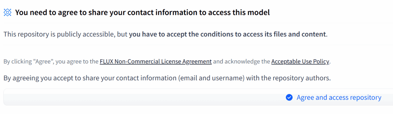 Hugging Faceでモデルの利用規約への同意を求める画面とAgree and access repositoryボタン