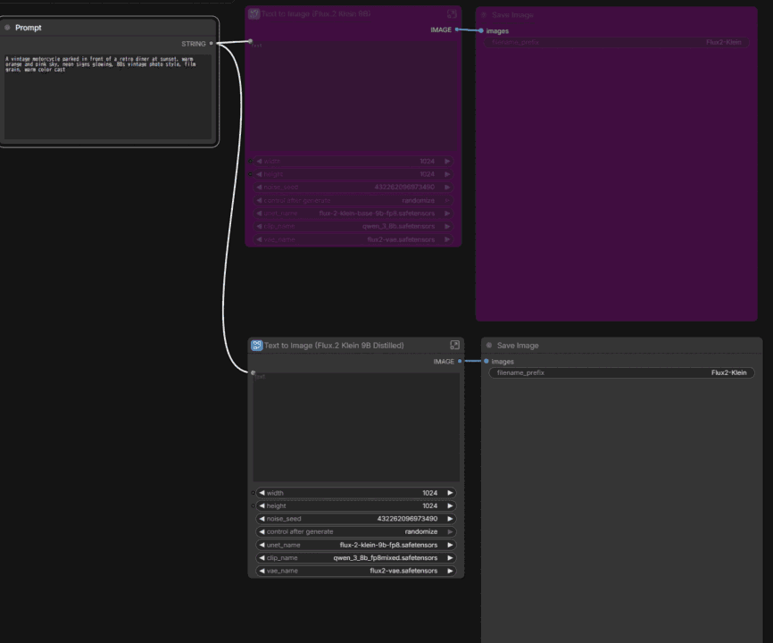 9BのbaseノードをバイパスしてText to Image (Flux.2 Klein 9B Distilled)を有効にした画面