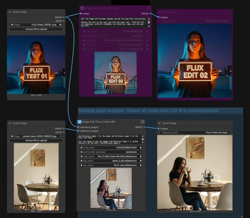 Image Edit (Flux.2 Klein 9B)のワークフロー。上が参照画像1枚、下が2枚の構成