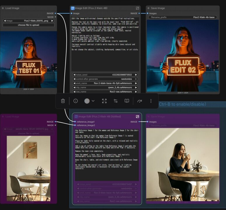 Image Edit (Flux.2 Klein 4B)のワークフロー。下段のSubgraph名がDistilledと表示されている