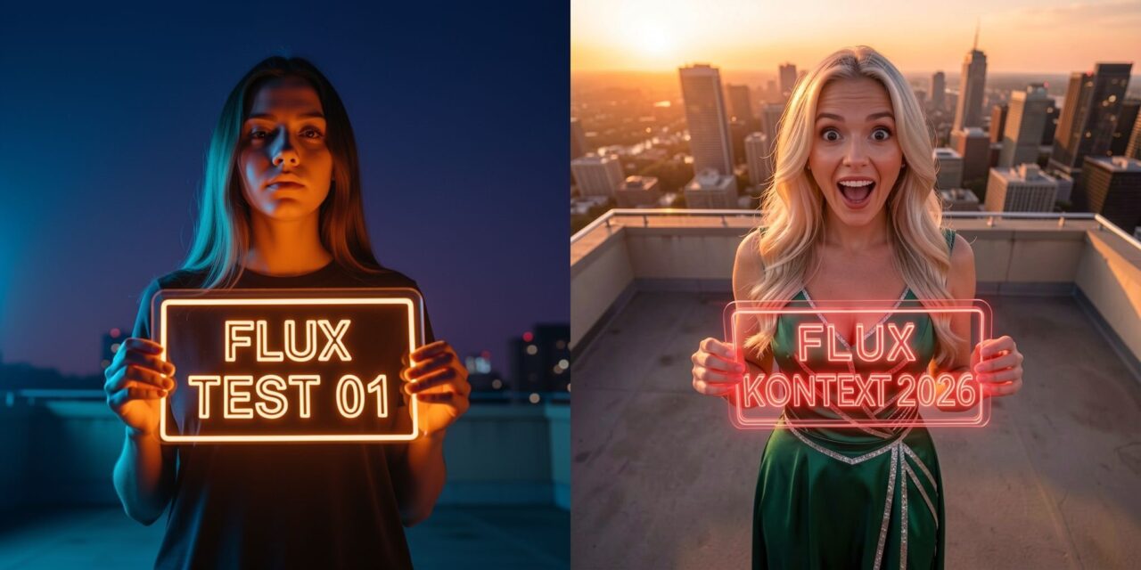 9B蒸留でネオンサインをFLUX KONTEXT 2026に変え、人物と背景も差し替えた比較