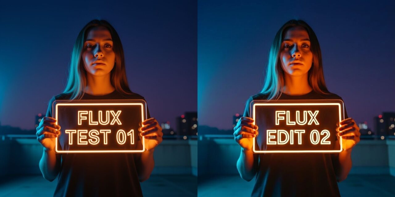 9B baseでネオンサインの文字をFLUX TEST 01からFLUX EDIT 02へ書き換えた比較