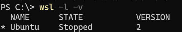 wsl -l -vでUbuntuのVERSIONが2と表示された確認結果