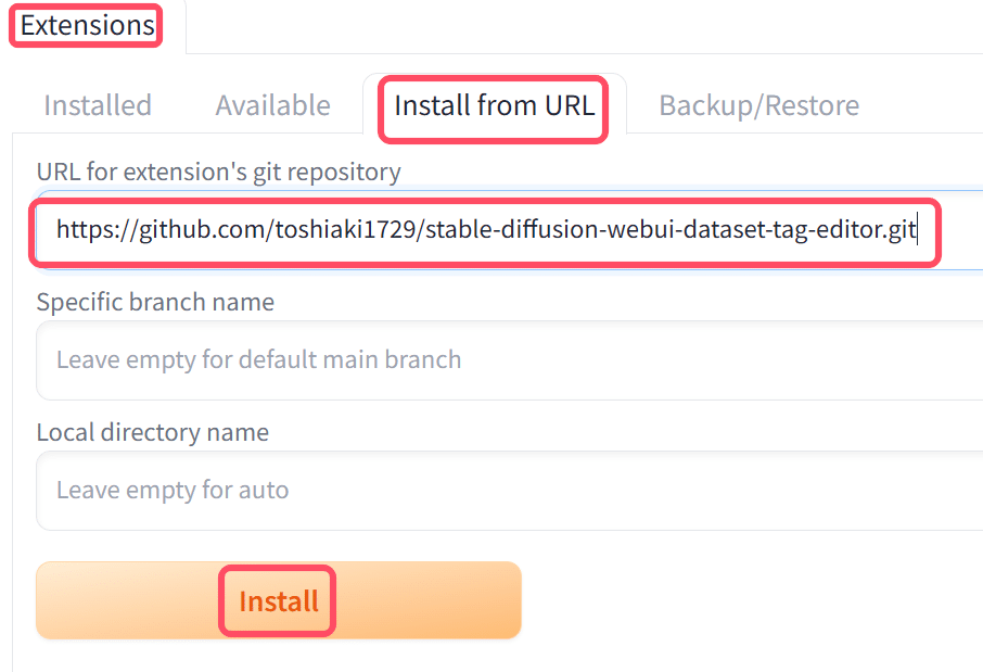 SDWebUIのExtensionsタブからURLを入力してインストールする