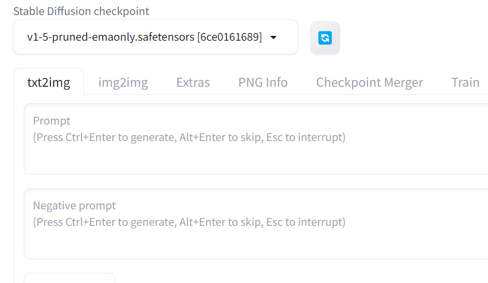 Stable Diffusion WebUIの起動画面。上部のcheckpoint選択とtxt2imgタブ、プロンプト入力欄