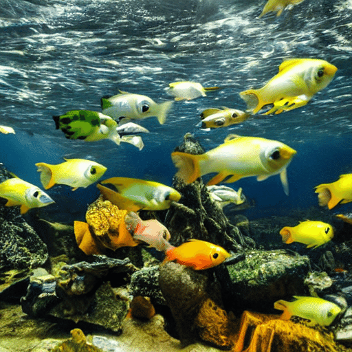 「fish, in the sea, fantastic」で生成された海の中の魚の画像