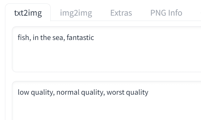 txt2imgのプロンプト欄に呪文（fish, in the sea, fantastic）とネガティブプロンプトを入力した例