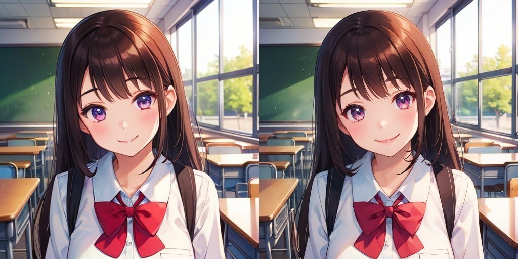 教室で微笑む制服の女の子を生成した比較用の画像（2枚並び）